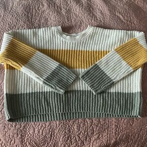 Grey, White, and Yellow, striped sweater.